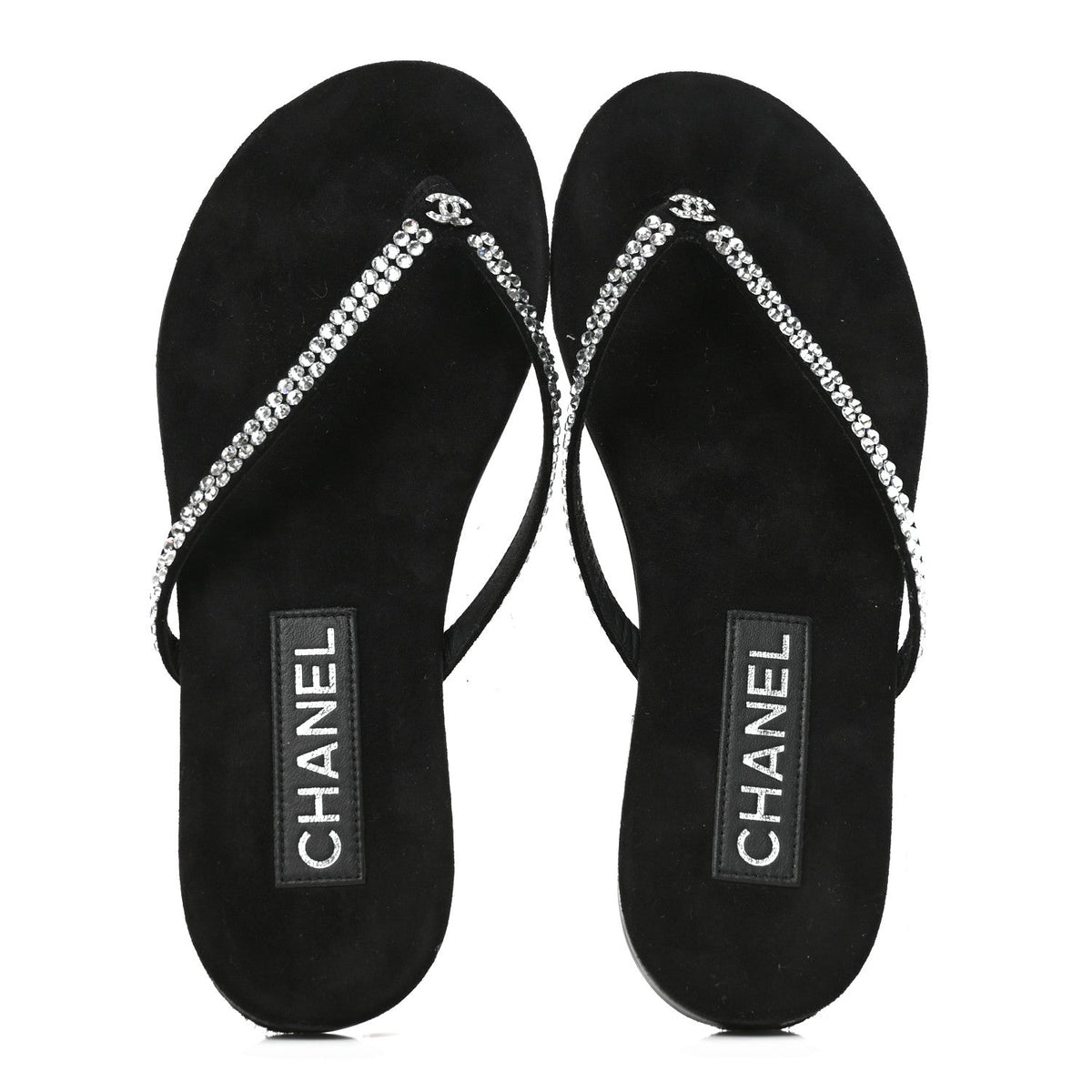 Suede Kidskin Strass CC Thong Sandals 37 Black