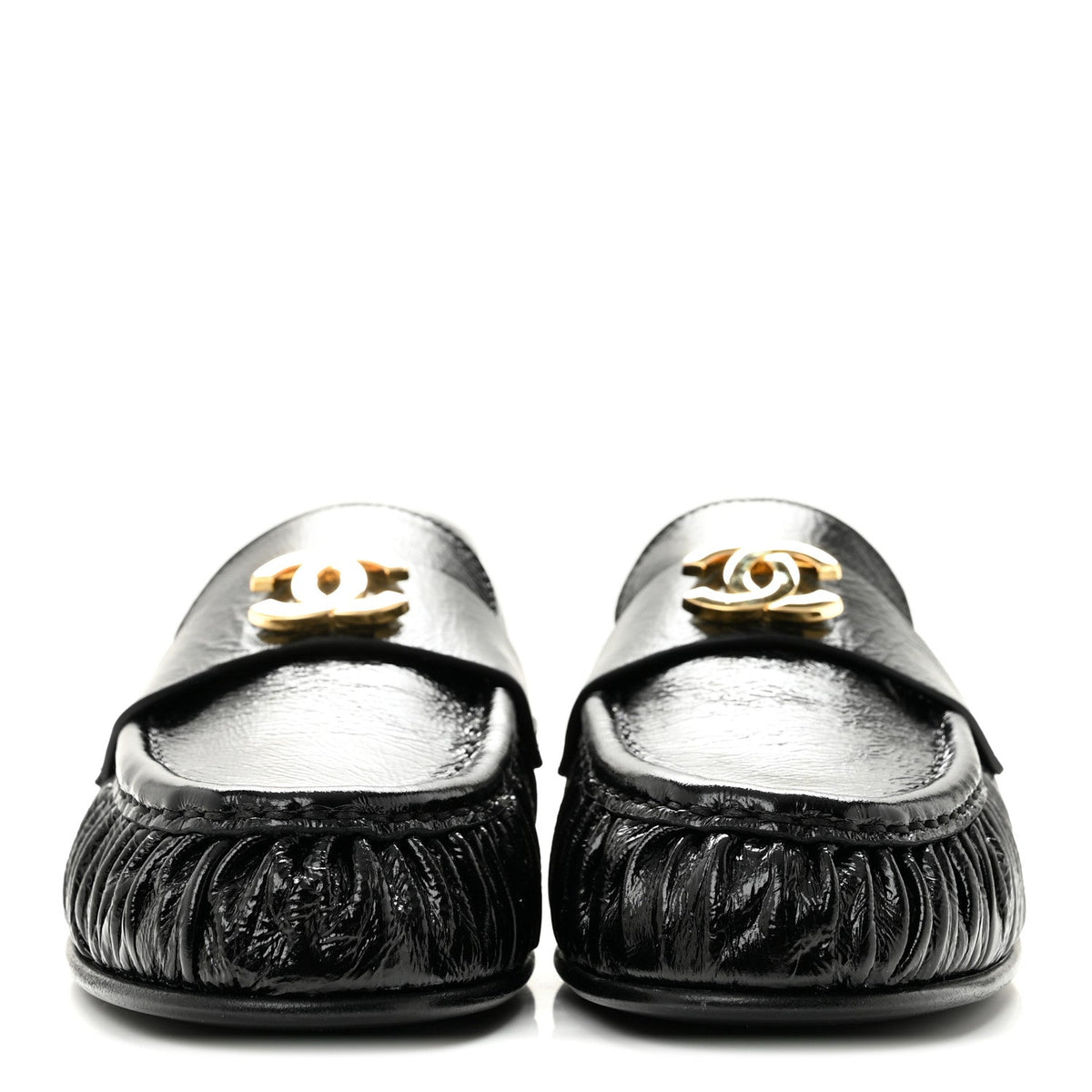 Crumpled Shiny Lambskin CC Mocassin Loafers 38.5 Black