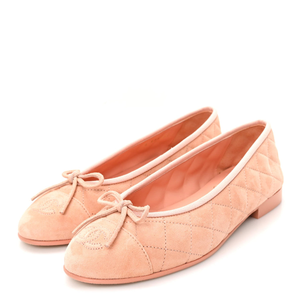 Suede Calfskin Quilted Cap Toe CC Ballerina Flats 36 Pink