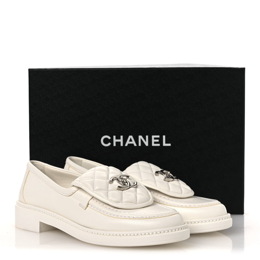 Shiny Lambskin Quilted CC Turnlock Loafers 37.5 White