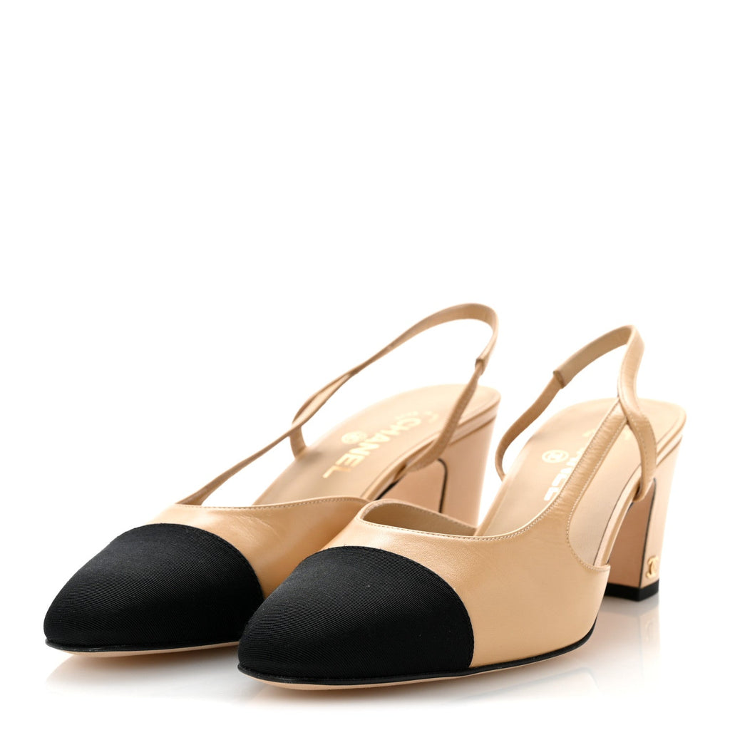 Goatskin Grosgrain Cap Toe CC Slingback Pumps 41 Beige Black
