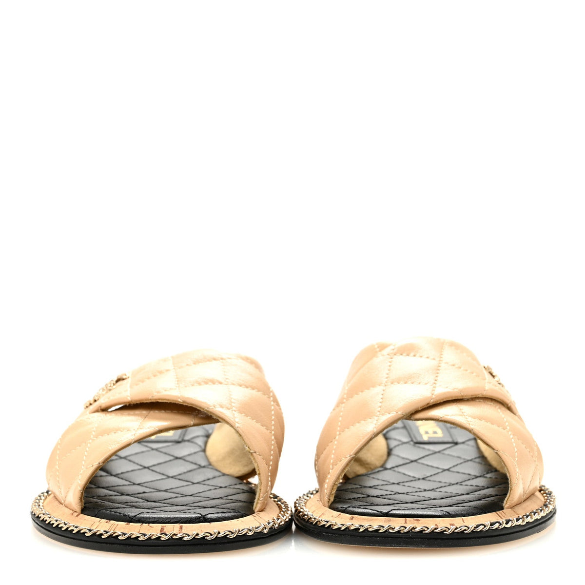 Shiny Lambskin Quilted Metal Chain CC Sandals 36.5 Beige
