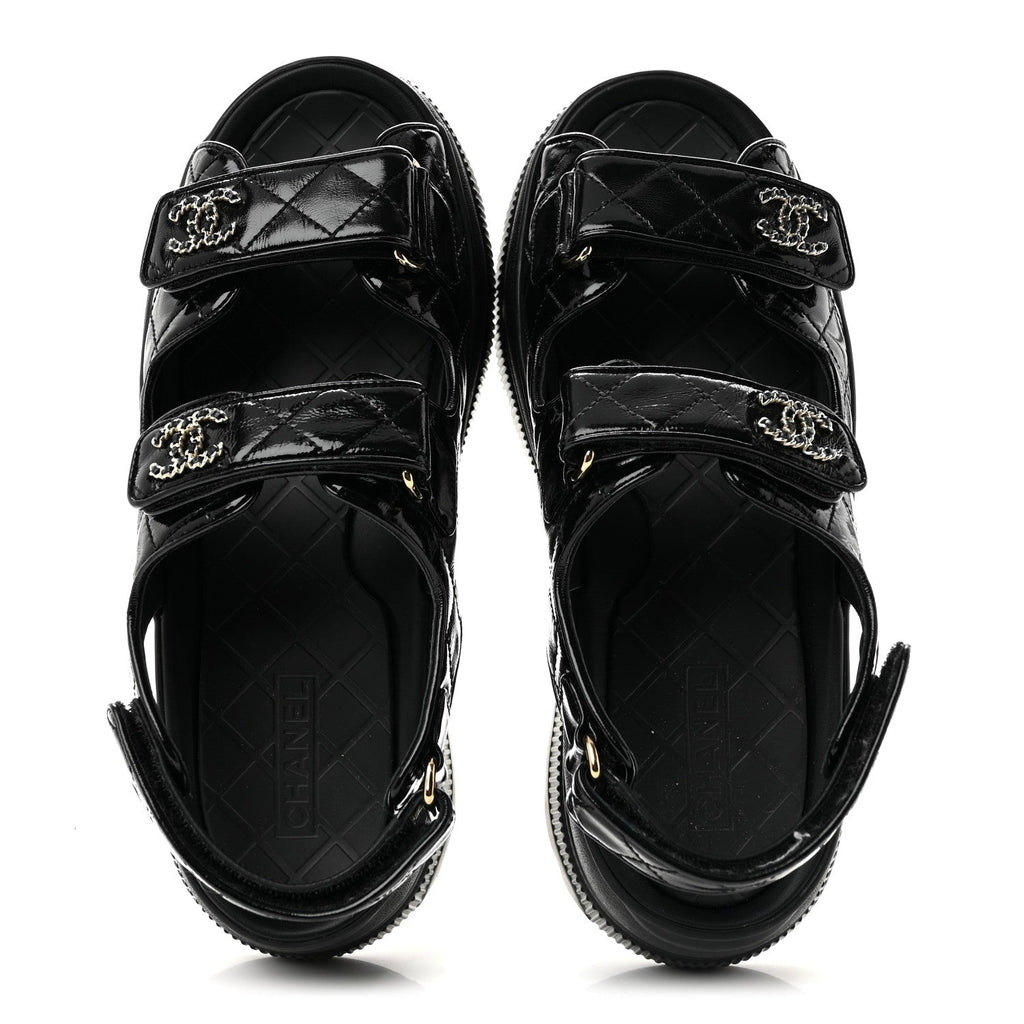 Shiny Calfskin Chain CC Velcro Dad Platform Sandals  38 Black