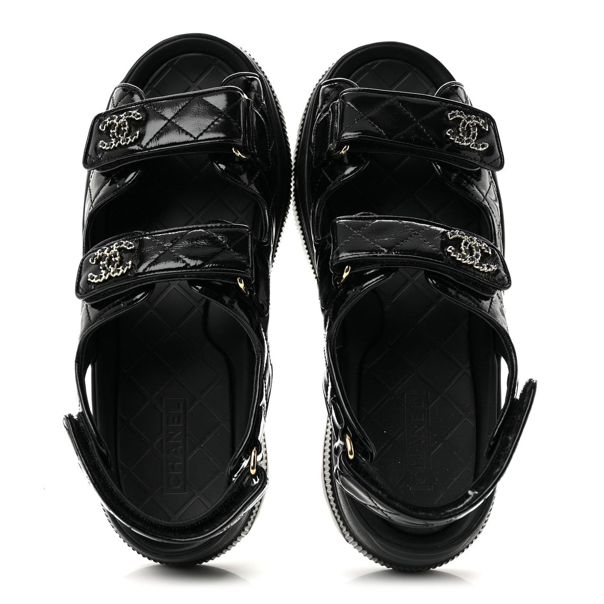 Shiny Calfskin Chain CC Velcro Dad Platform Sandals  38 Black
