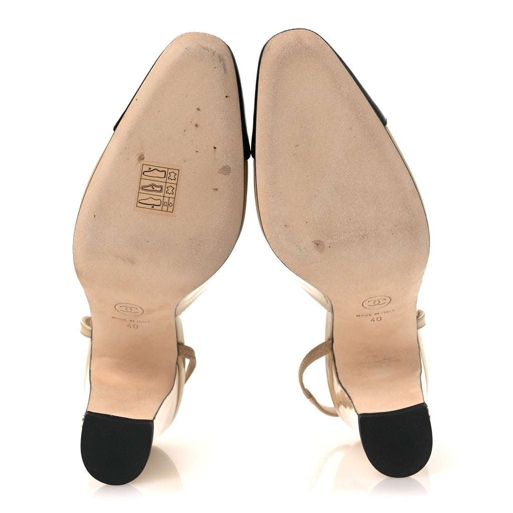 Patent Calfskin Cap Toe CC Slingback Pumps 40 Beige Black