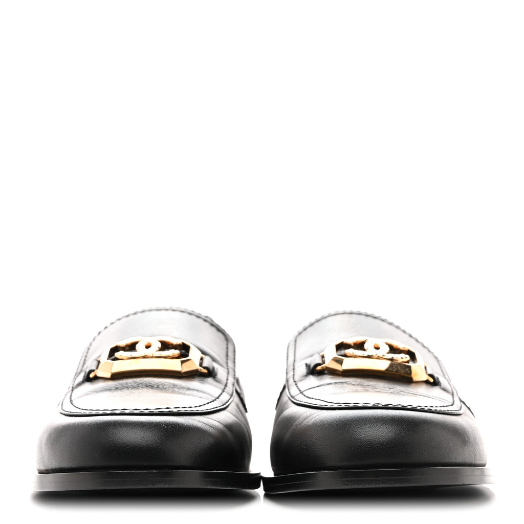 Shiny Calfskin Metal CC Mocassin Loafers 38.5 Black