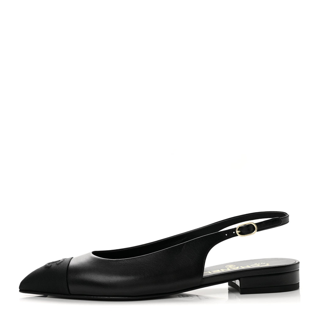 Goatskin Grosgrain Pointed Toe CC Slingback Flats 39 Black