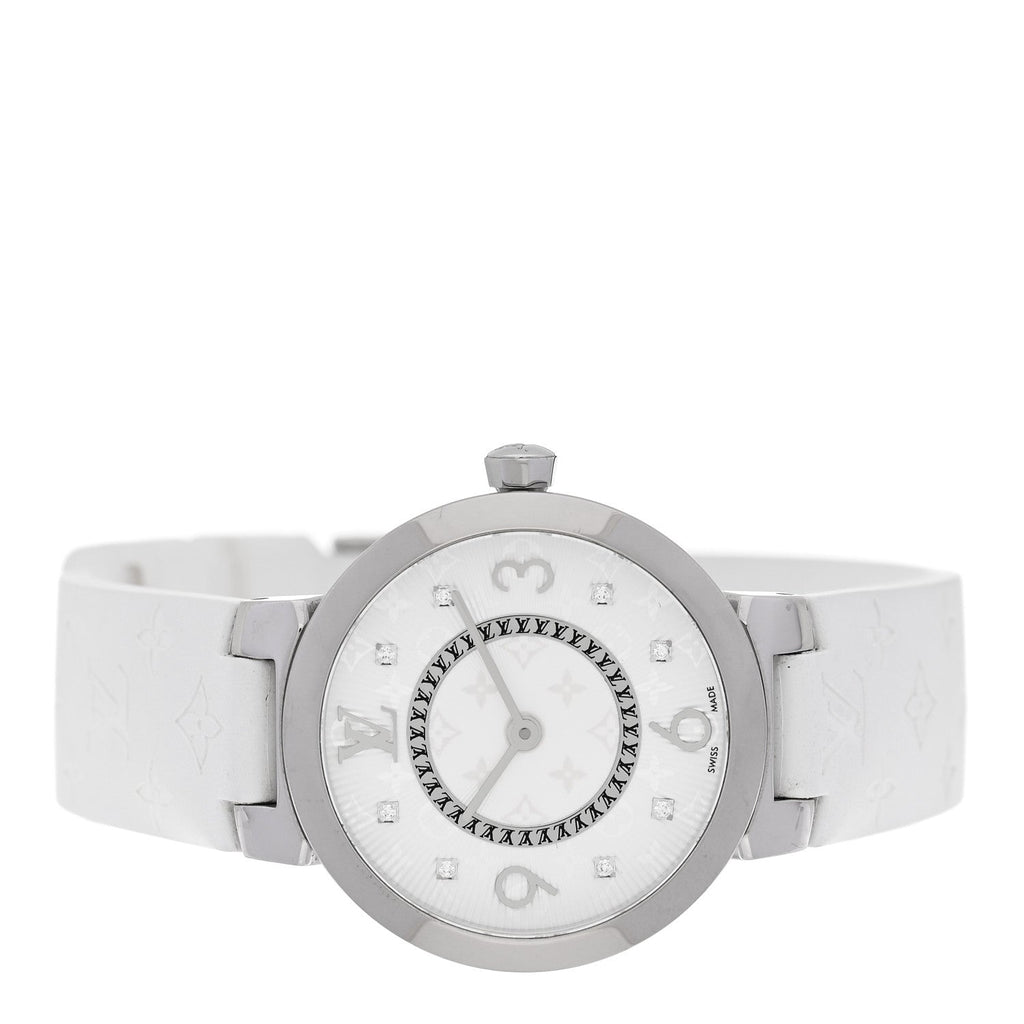 Stainless Steel Rubber Diamond 28mm Tambour Slim Quartz Watch White
