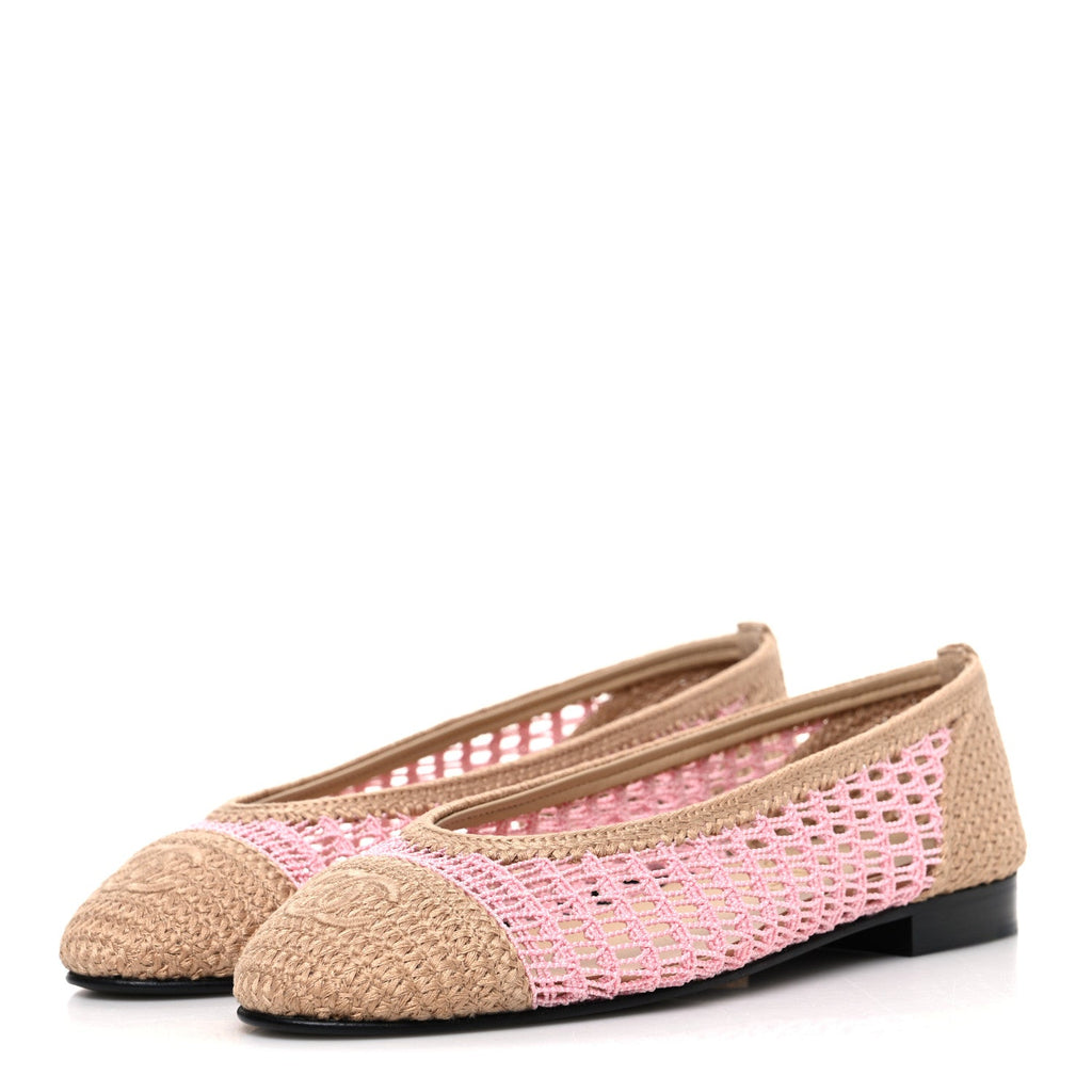 Raffia Cap Toe Ballerina Flats 37 Pink Beige