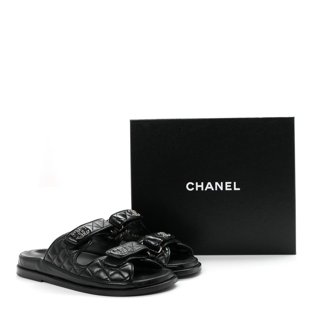 Lambskin Quilted Velcro Dad Chain CC Slide Sandals 39.5 Black