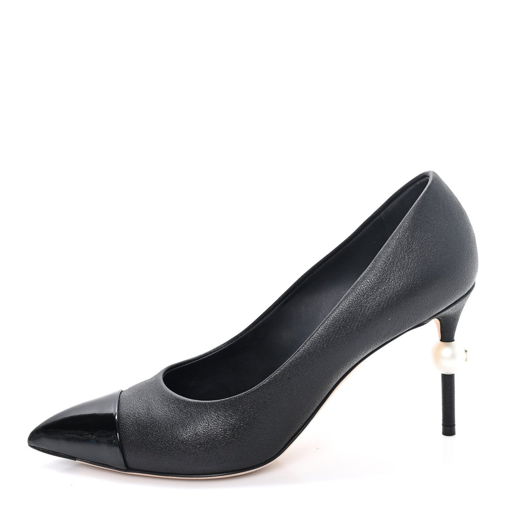 Goatskin Patent Calfskin Cap Toe CC Pearl Pumps 38 Black