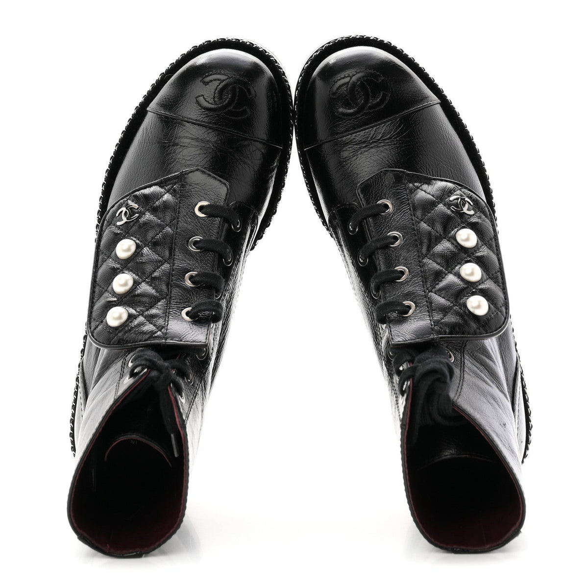 Crackled Calfskin Velvet Pearl Combat Short Boots 38 Black
