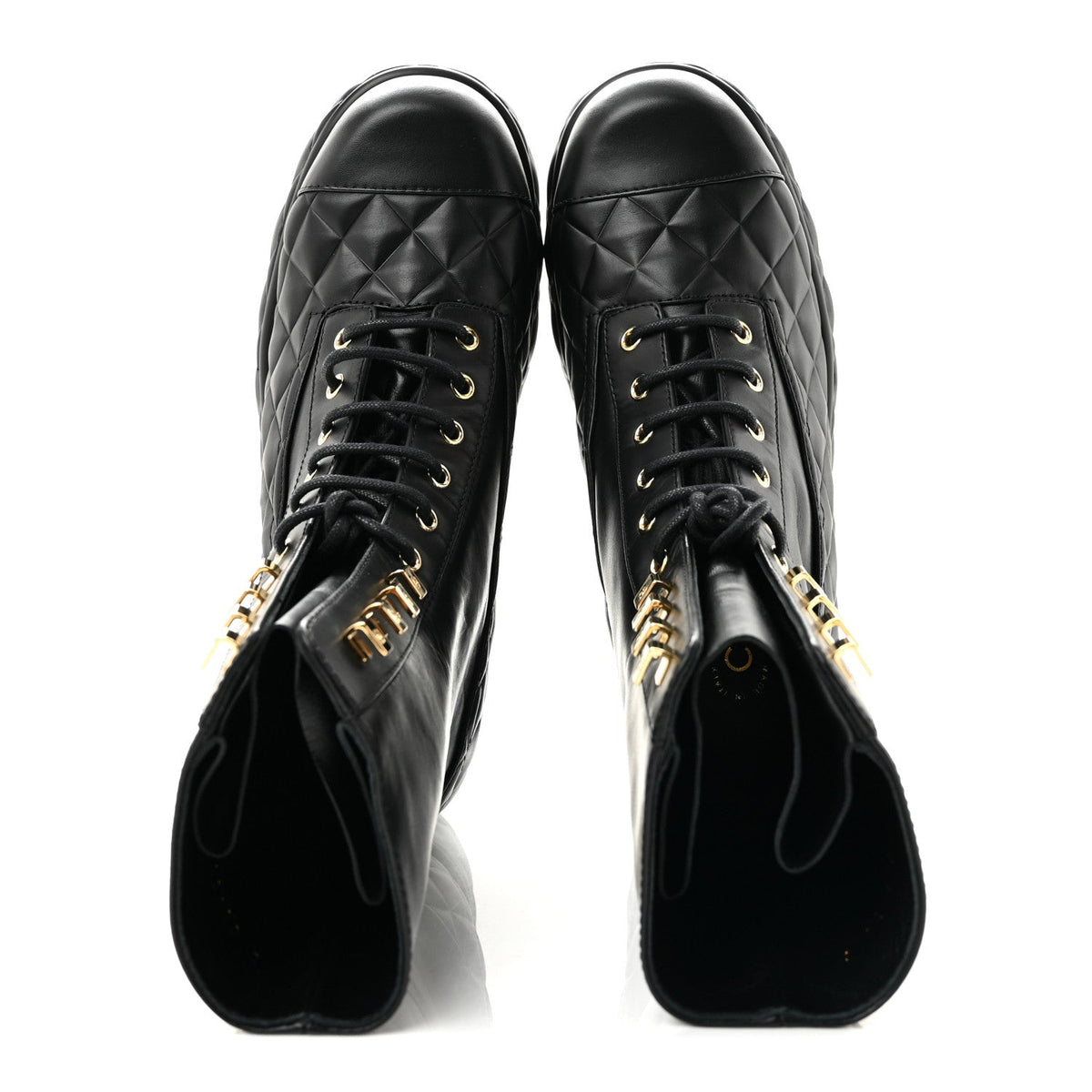 Calfskin Quilted Lace Up Combat Boots 38 Black