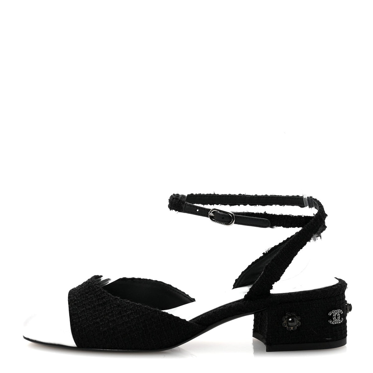 Tweed Iridescent Calfskin Cap Toe CC Slingback Pumps 37 Black Silver