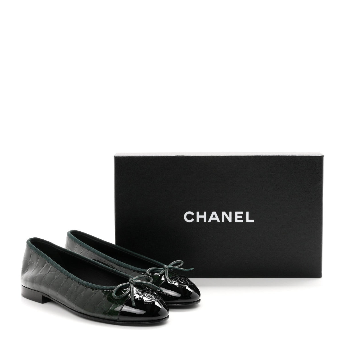 Crocodile Embossed Patent Calfskin Ballet Flats 35.5 Dark Green Black