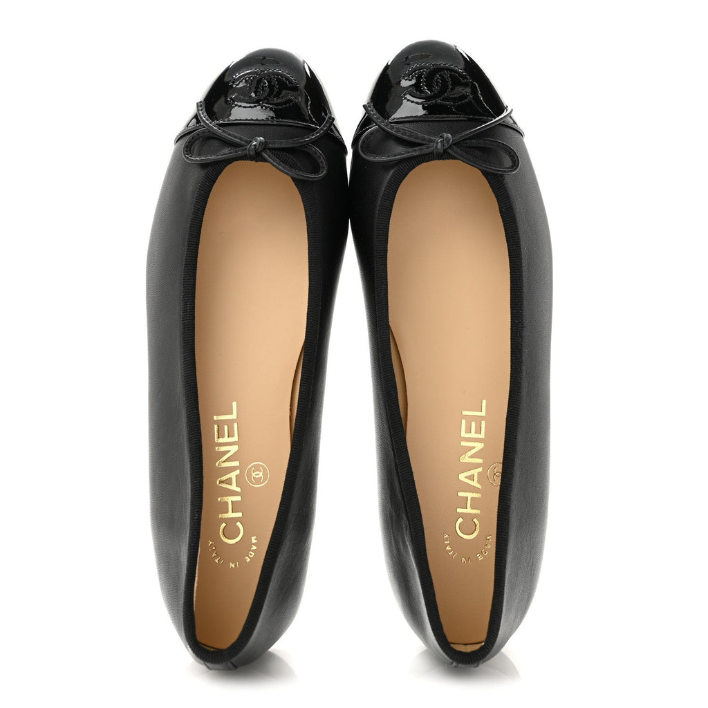 Lambskin Patent Cap Toe Ballerina Flats 37.5 Black