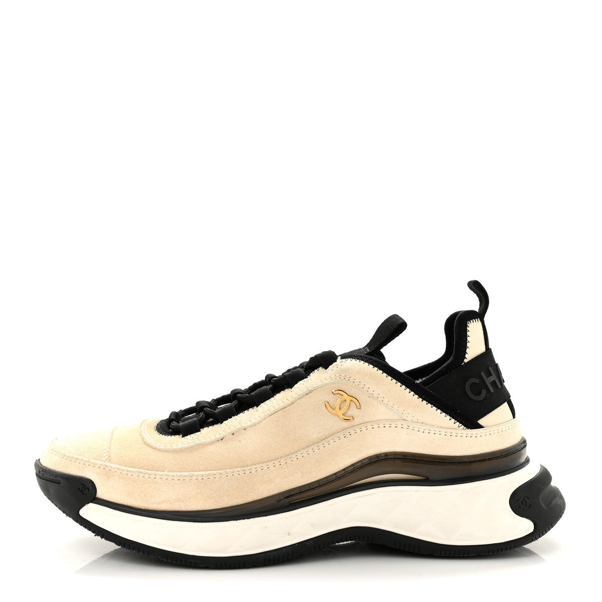 Suede Calfskin Nylon Grosgrain CC Sneakers 38.5 Beige