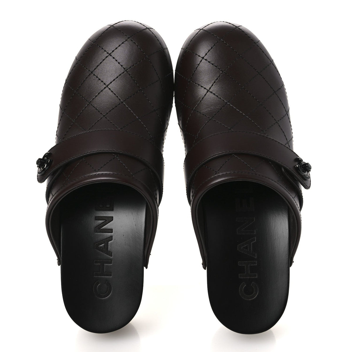 Calfskin CC Turn Lock Clogs 36 Dark Brown