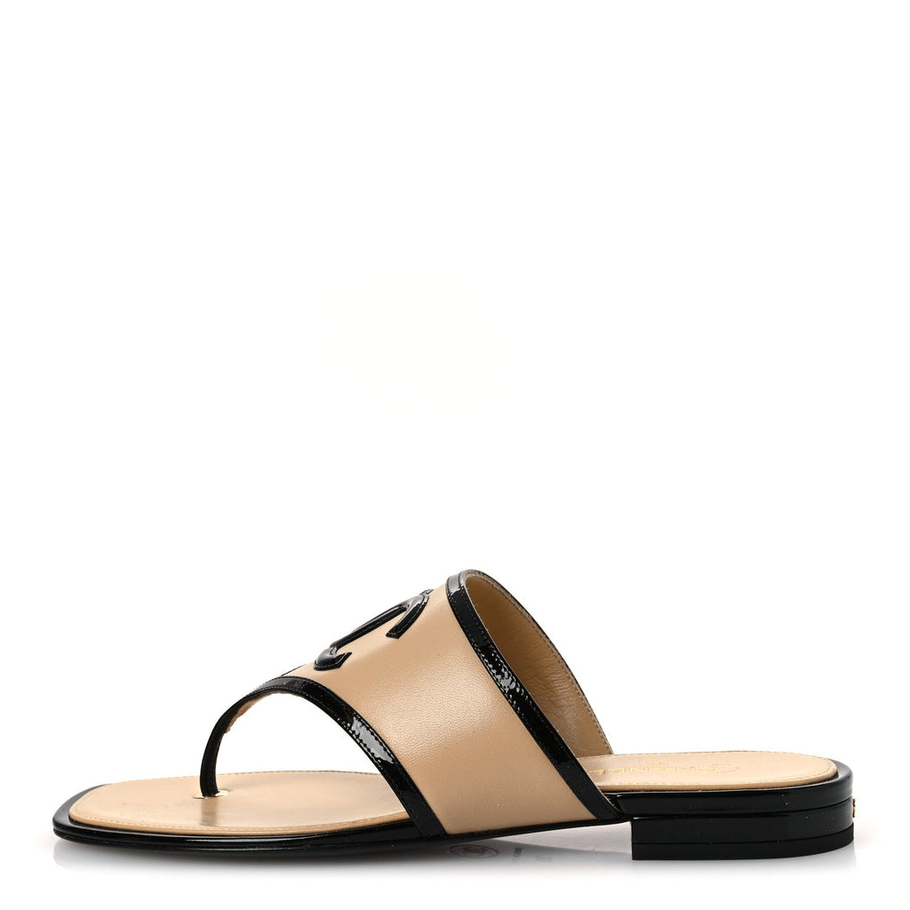 Lambskin Patent Calfskin CC Thong Sandals 38 Beige Black