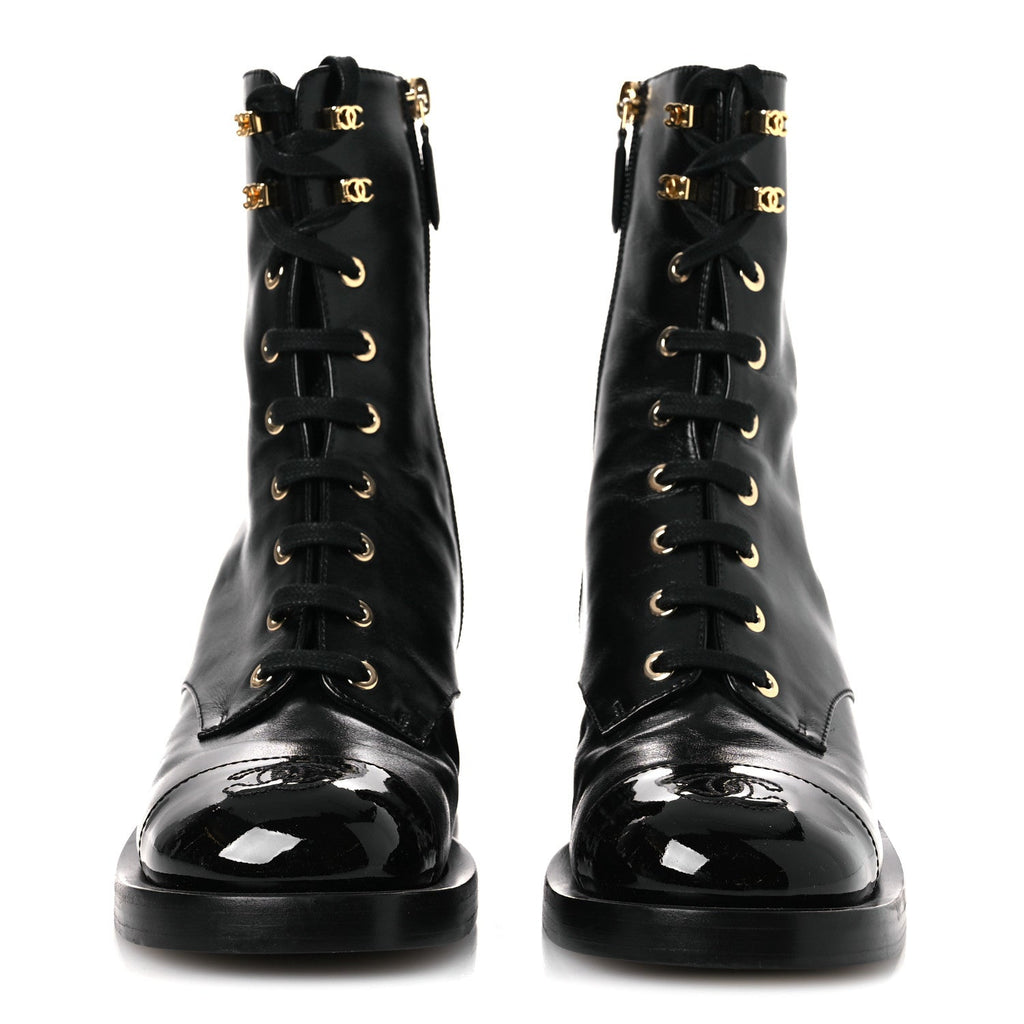 Shiny Calfskin Patent Cap Toe Lace Up Combat Boots 36.5 Black