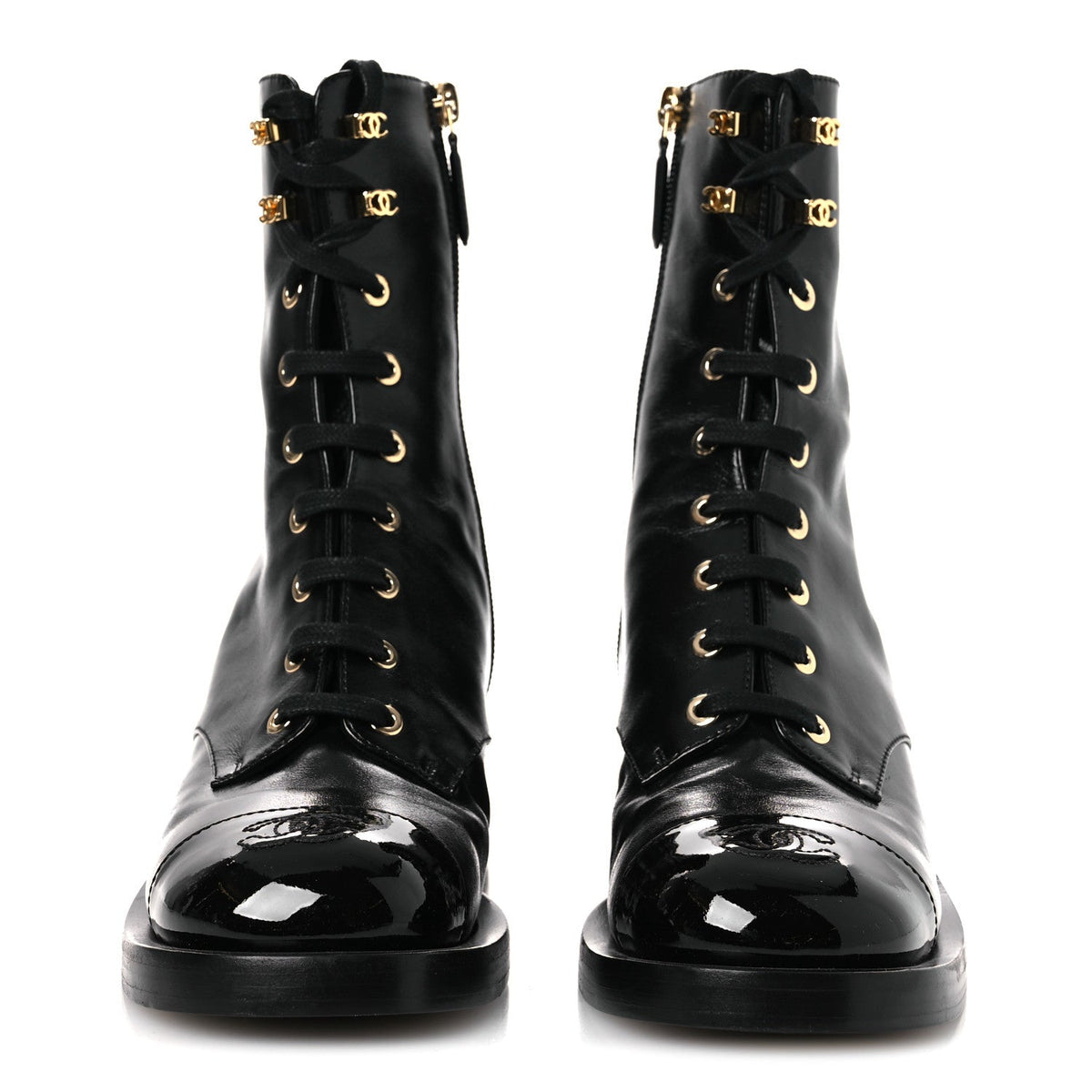 Shiny Calfskin Patent Cap Toe Lace Up Combat Boots 36.5 Black