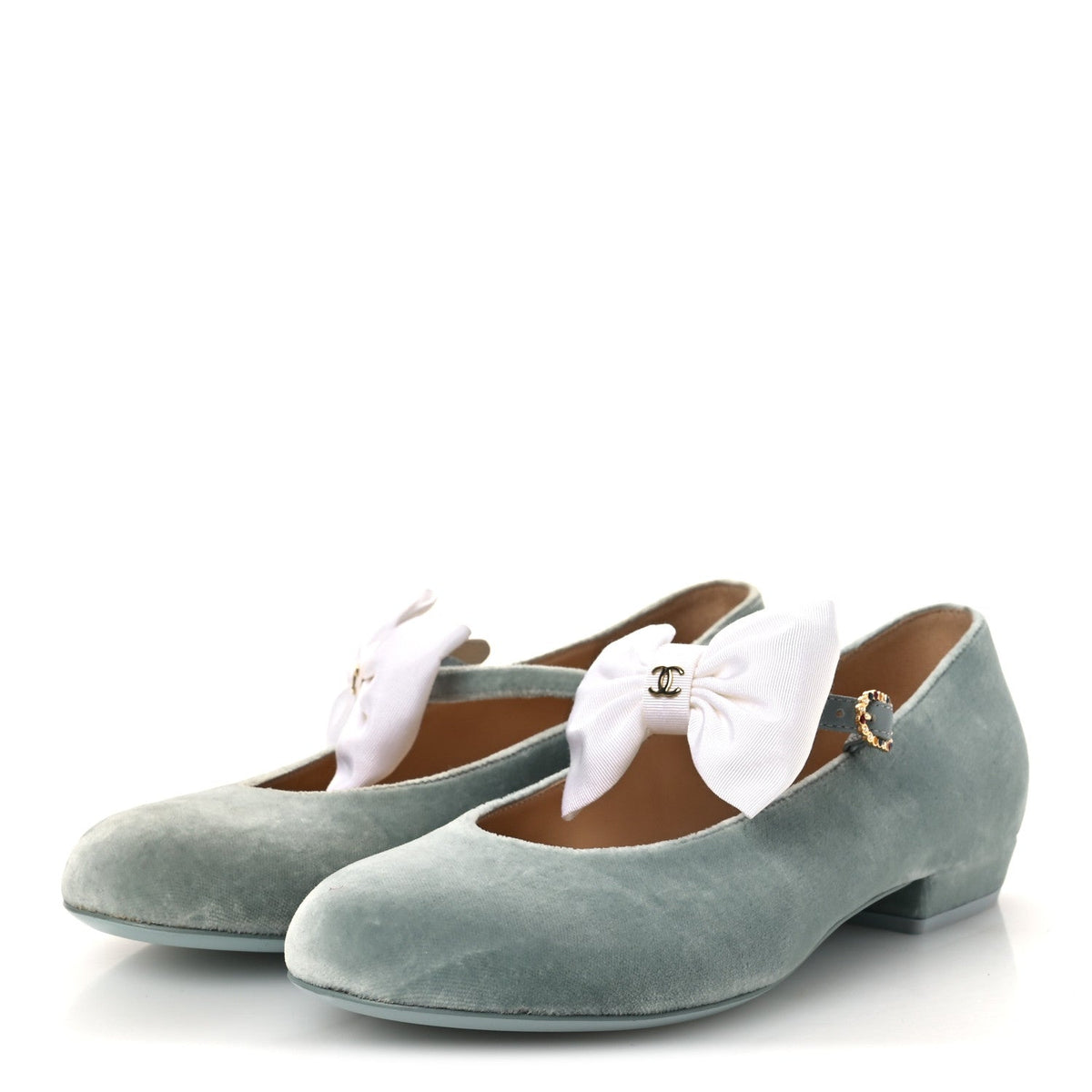Velvet Grosgrain Bow Mary Jane Flats 37.5 Light Green White