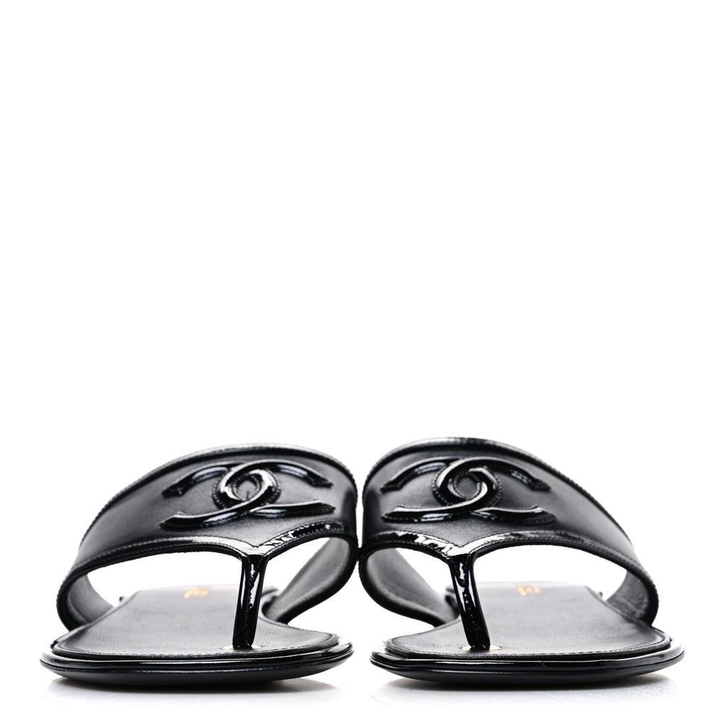 Lambskin Patent Calfskin CC Thong Sandals  37 Black
