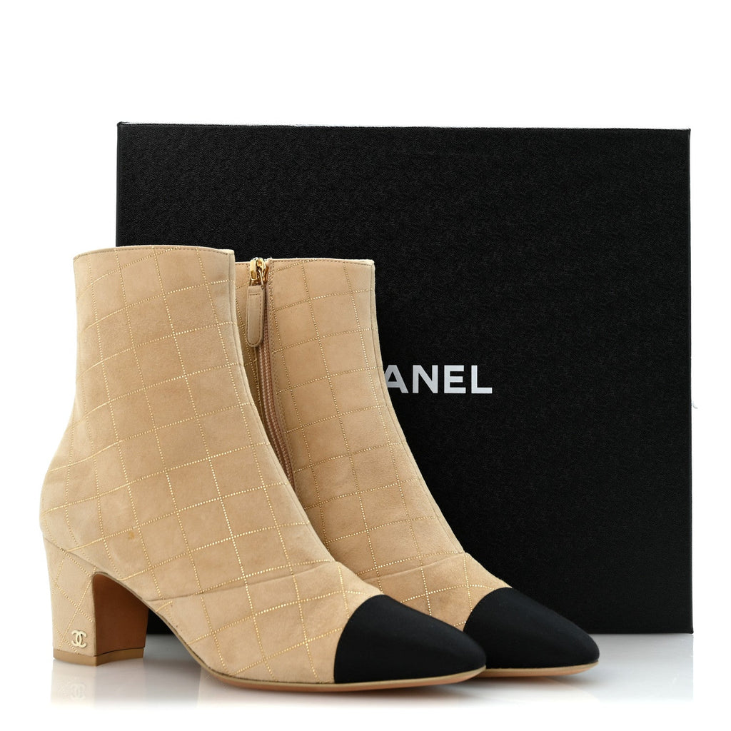 Suede Goatskin Grosgrain Quilted Cap Toe Short Boots 38 Beige Golden Black