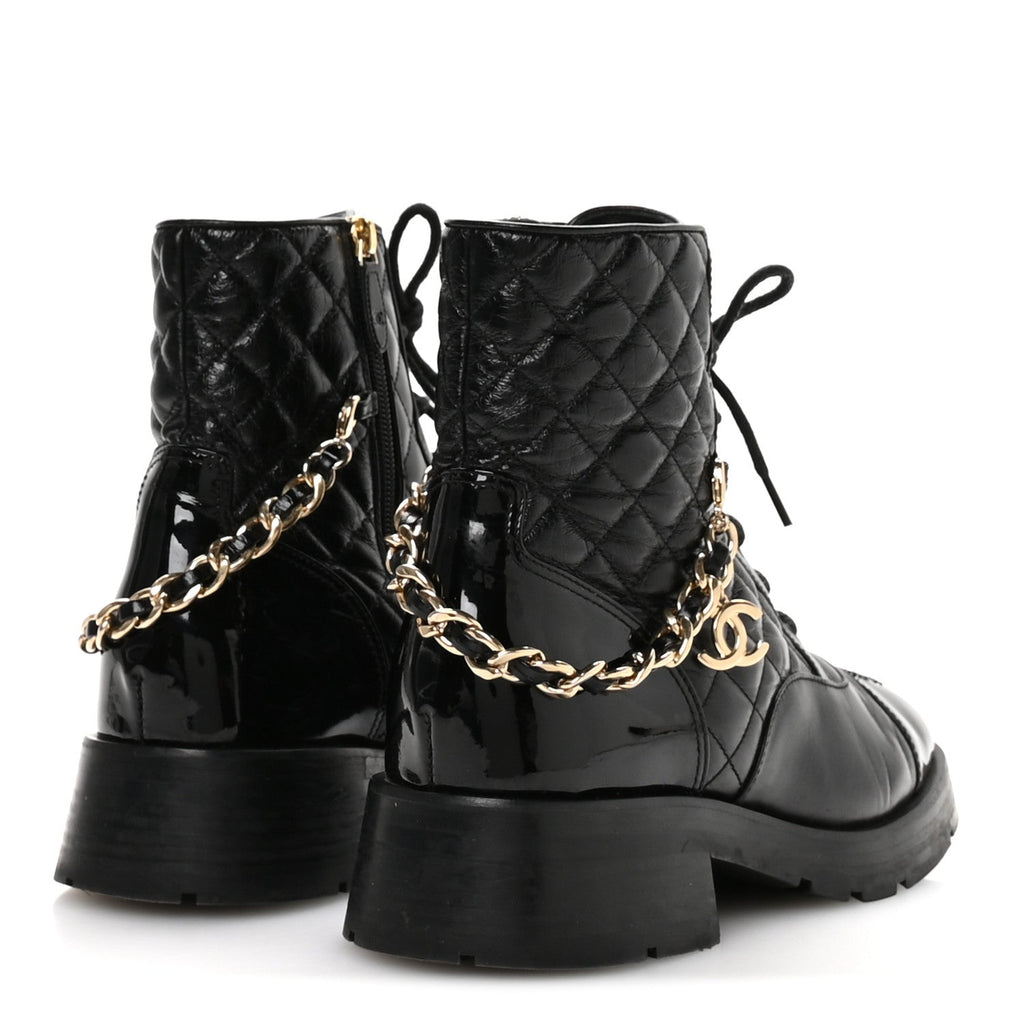 Shiny Calfskin Patent Quilted Chain Lace Up Combat Boots 40.5 Black