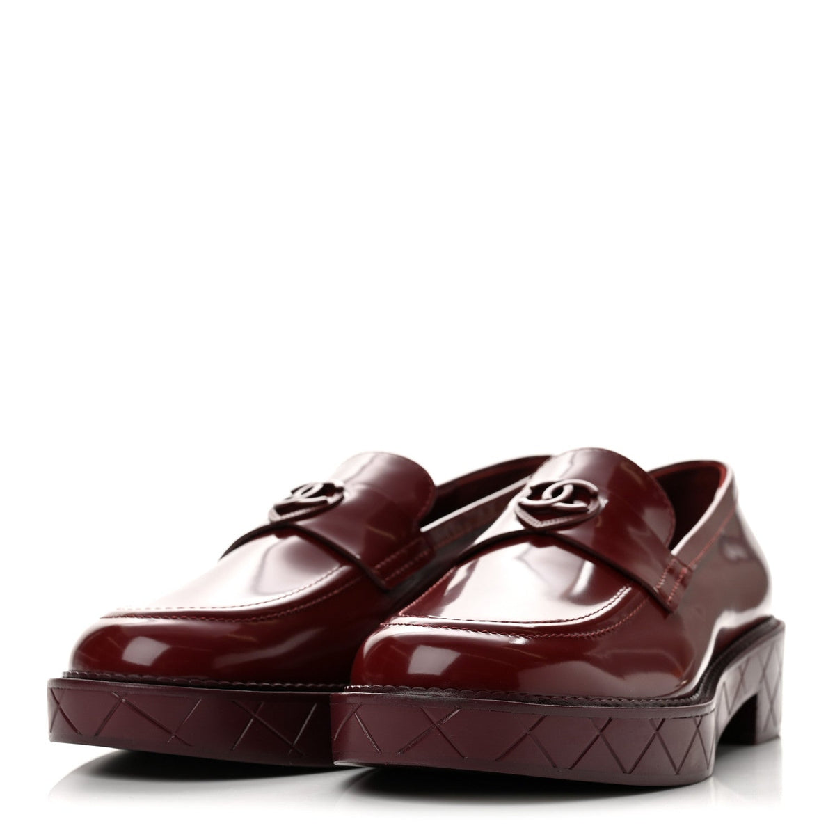 Shiny Calfskin Quilted CC Mocassin Loafers 39.5  Dark Red