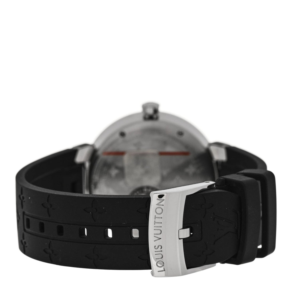 Stainless Steel Rubber Diamond 33mm Tambour Slim Quartz Watch Black