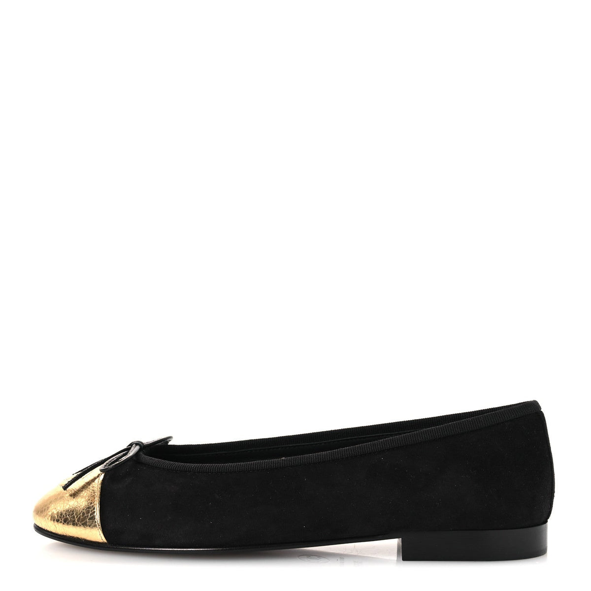 Suede Crackled Laminated Calfskin Cap Toe Ballerina Flats 36.5 Black Gold