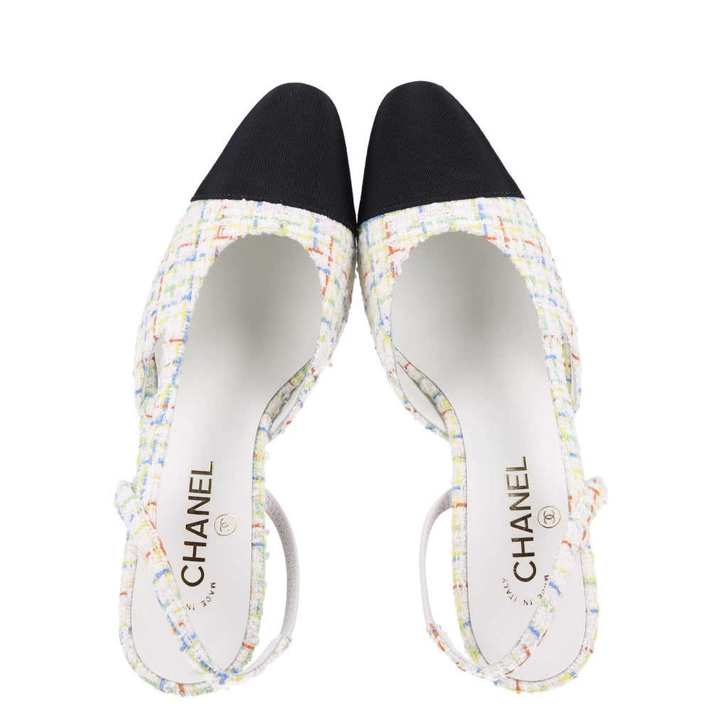 Tweed Grosgrain Cap Toe CC Slingback Pumps 40 White Multicolor