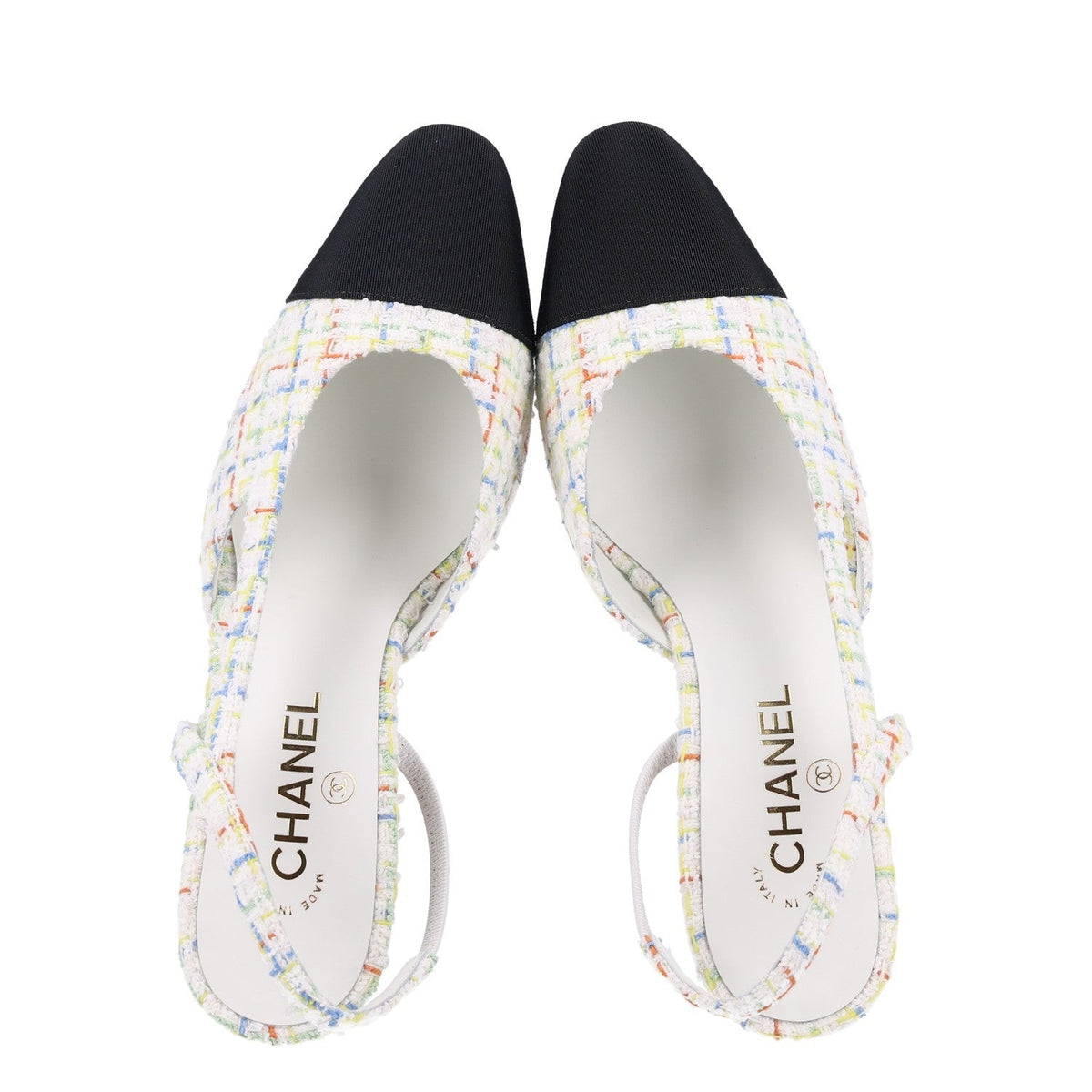 Tweed Grosgrain Cap Toe CC Slingback Pumps 40 White Multicolor
