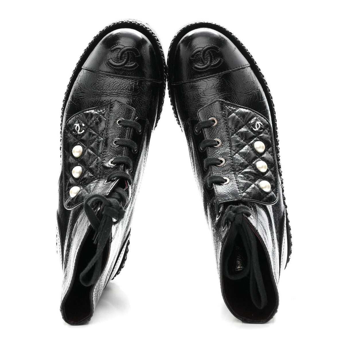Crackled Calfskin Velvet Pearl Combat Short Boots 38 Black