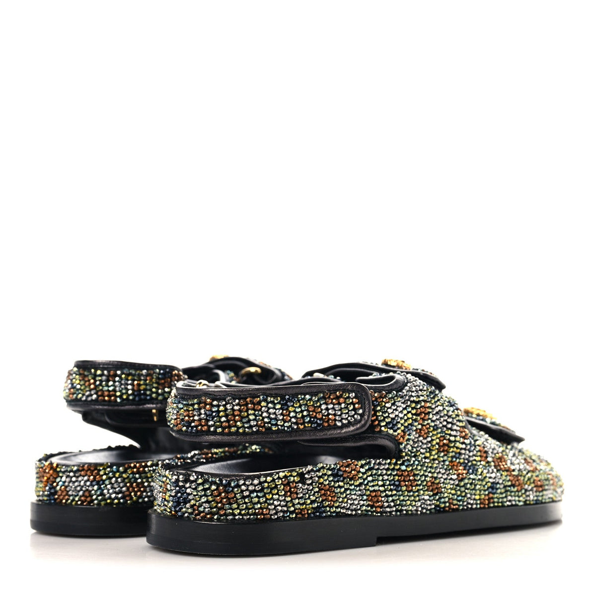 Grained Calfskin Crystal Velcro Dad Sandals 36.5 Black Multicolor
