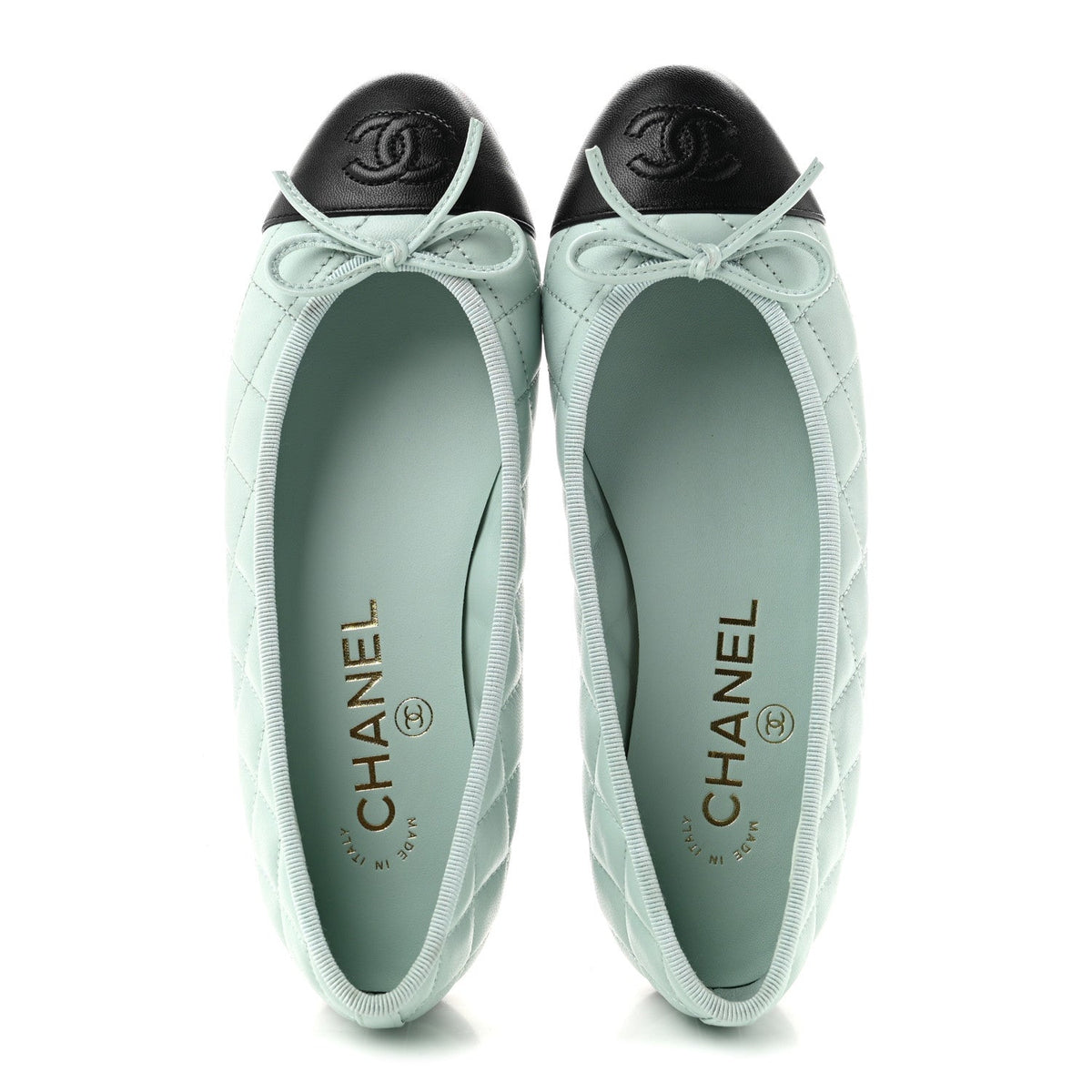 Lambskin Quilted CC Cap Toe Ballerina Flats 35 Light Blue Black