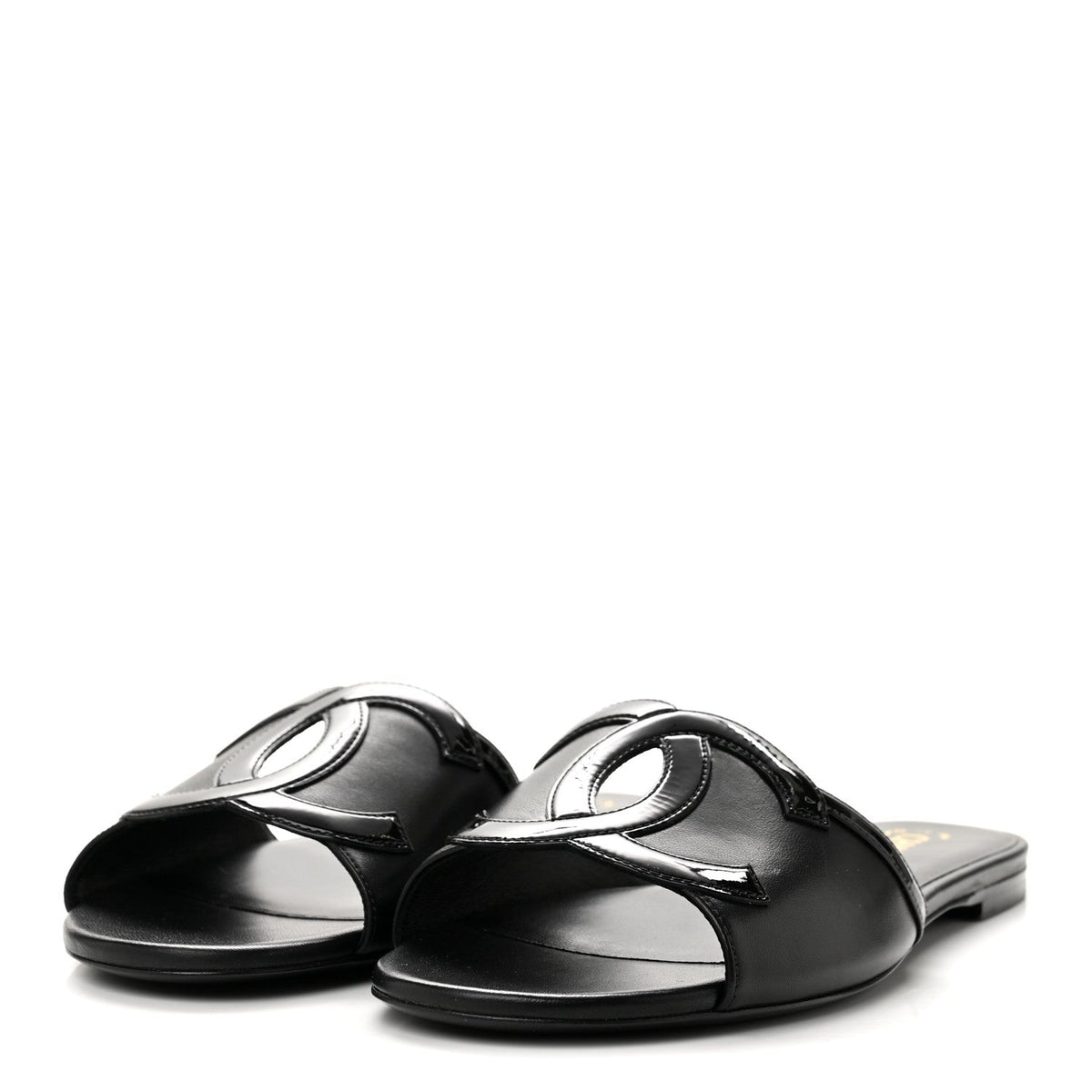Lambskin Patent Calfskin CC Cutout Mules 40.5 Black