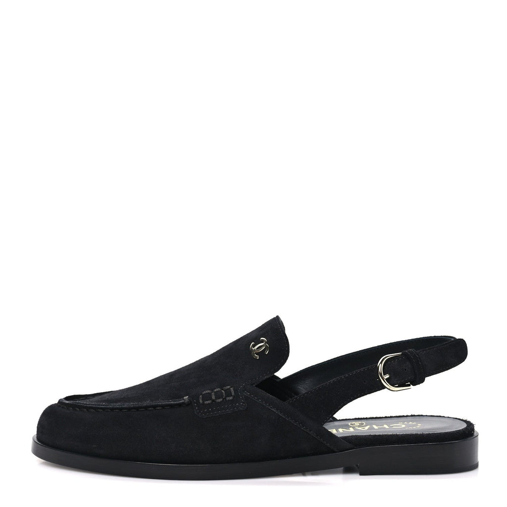 Suede Calfskin Slingback Loafers 38 Black