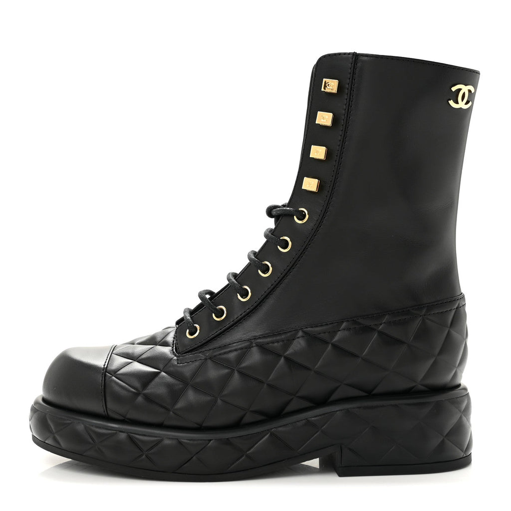Calfskin Quilted Lace Up Combat Boots 38 Black