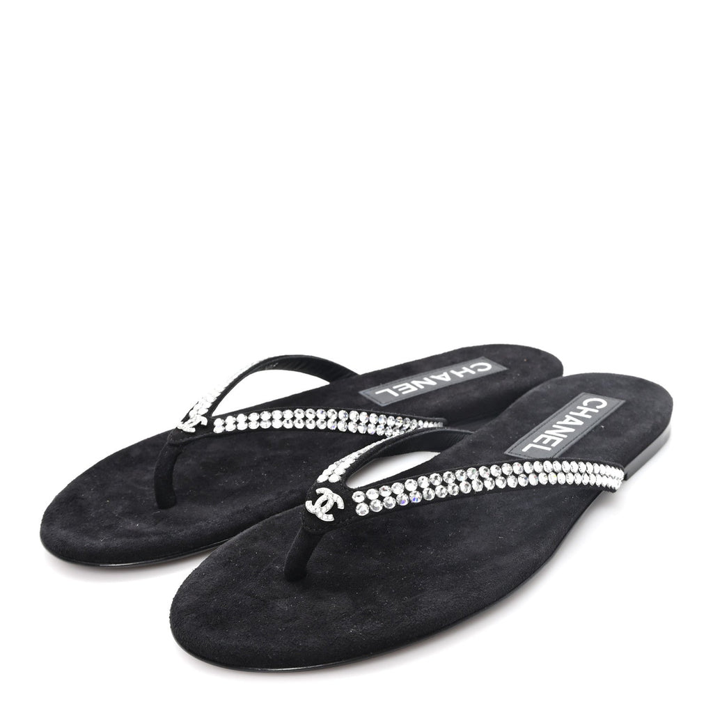 Suede Kidskin Strass CC Thong Sandals 36 Black