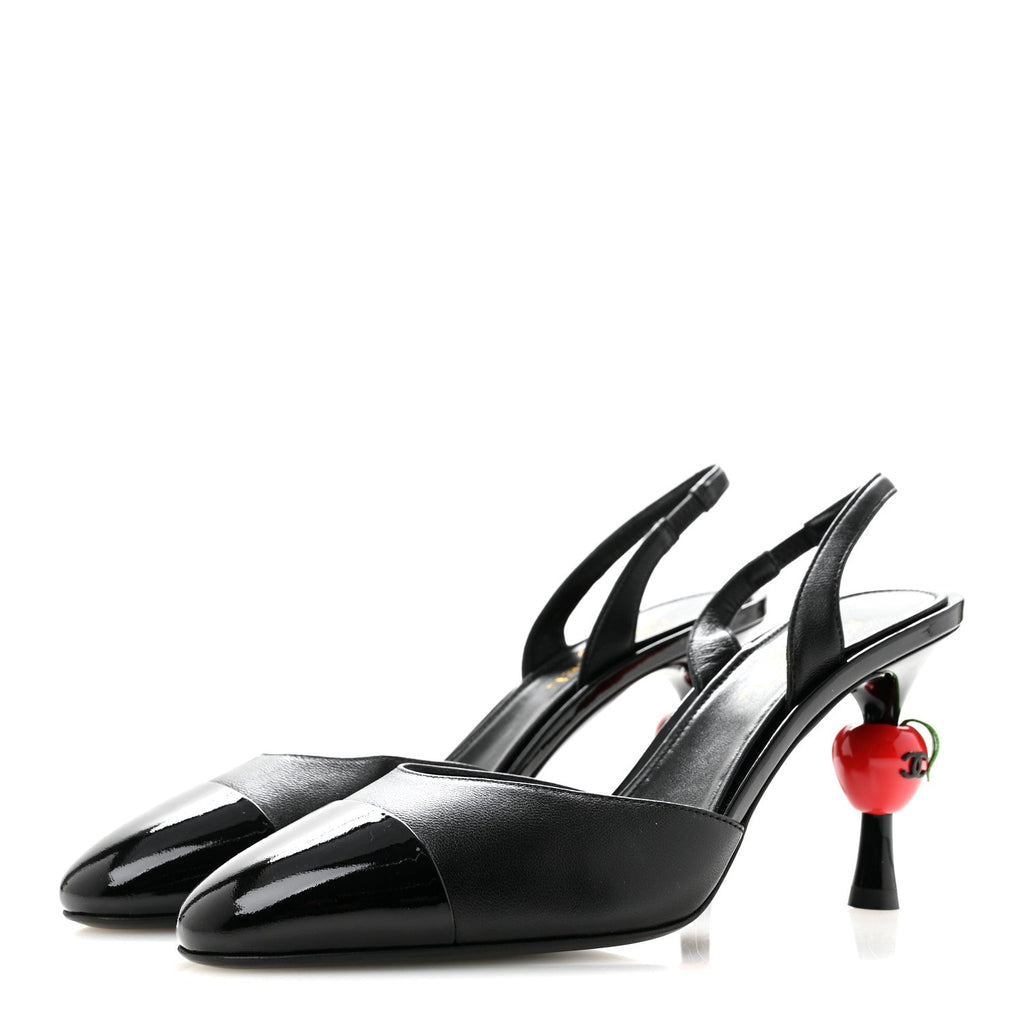 Lambskin Patent Cap Toe CC Apple Slingback Pumps 37 Black