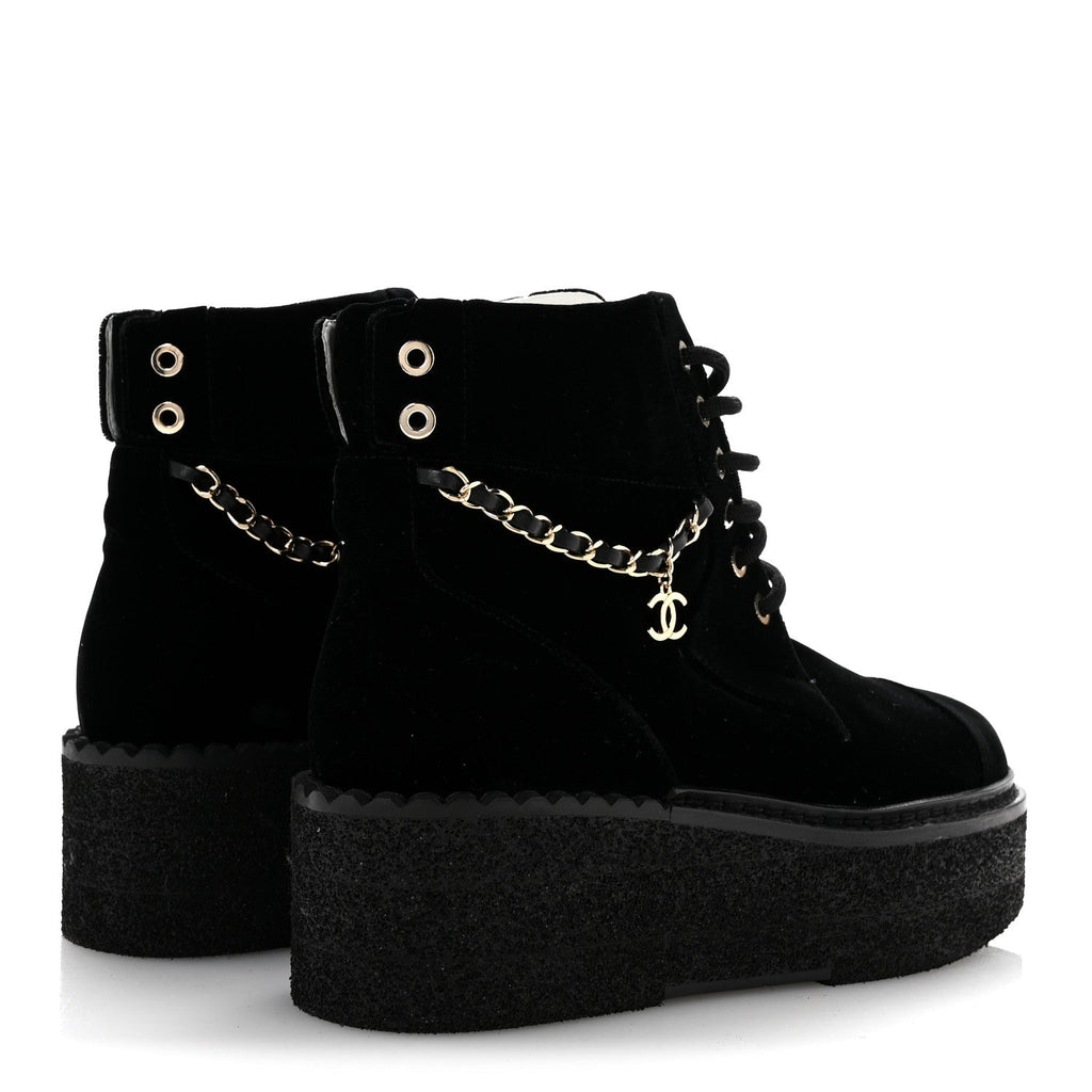 Velvet Chain Lace Up CC Short Boots 35.5 Black