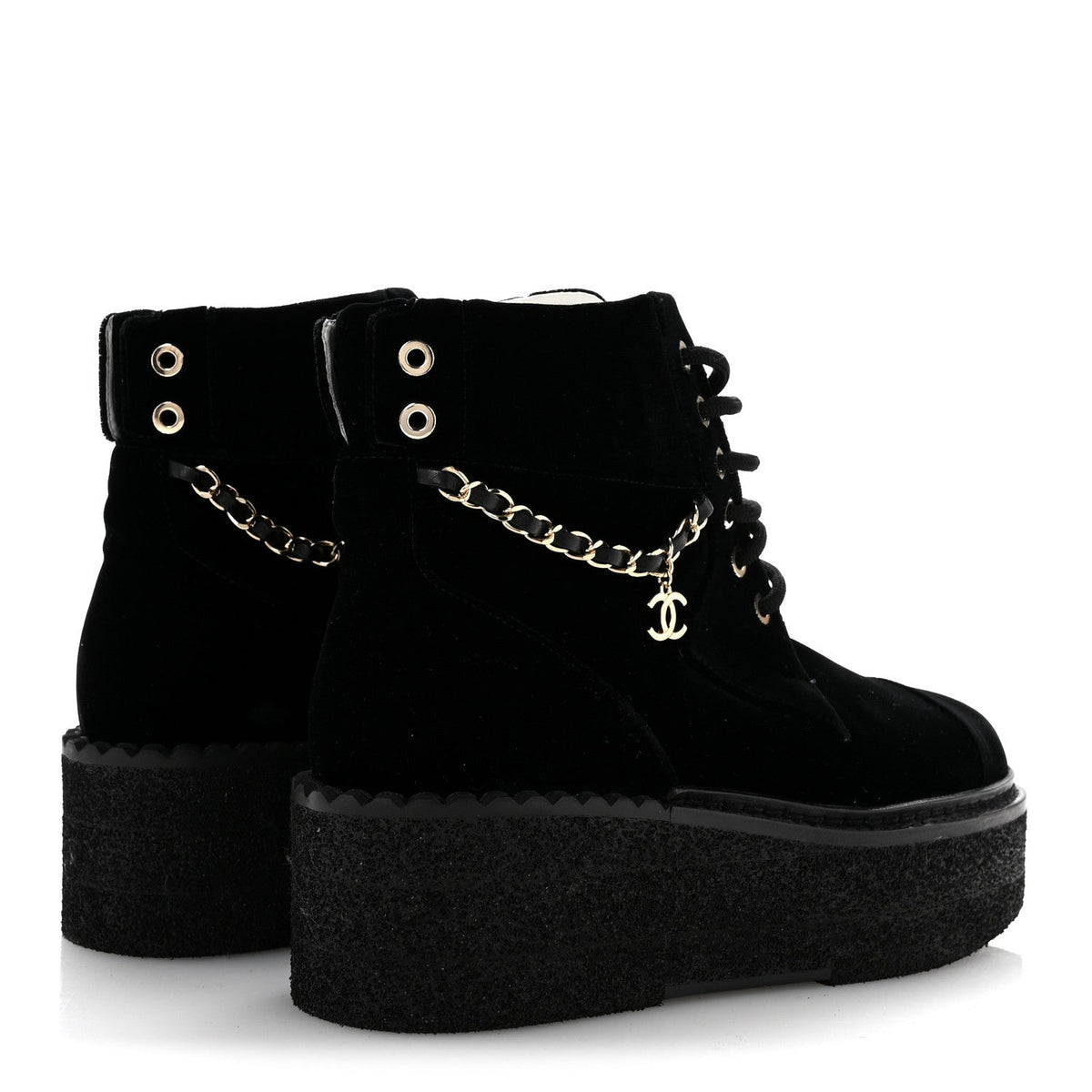 Velvet Chain Lace Up CC Short Boots 35.5 Black