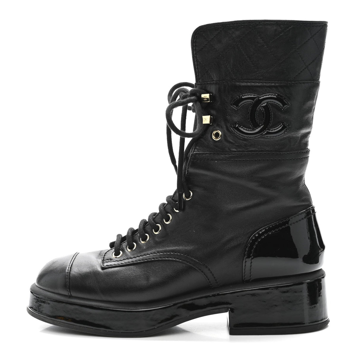 Lambskin Patent Calfskin Quilted CC Lace Up Combat Boots 37 Black