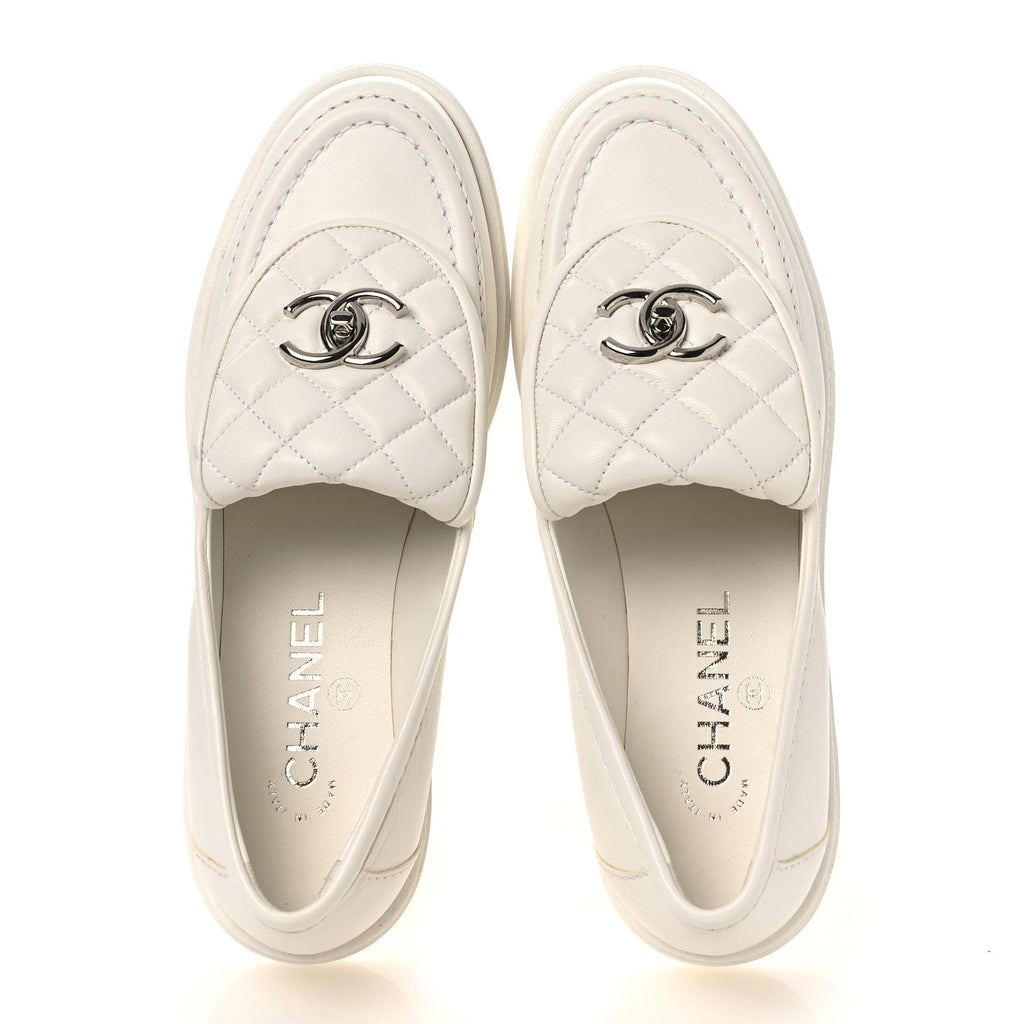 Shiny Lambskin Quilted CC Turnlock Loafers 37.5 White