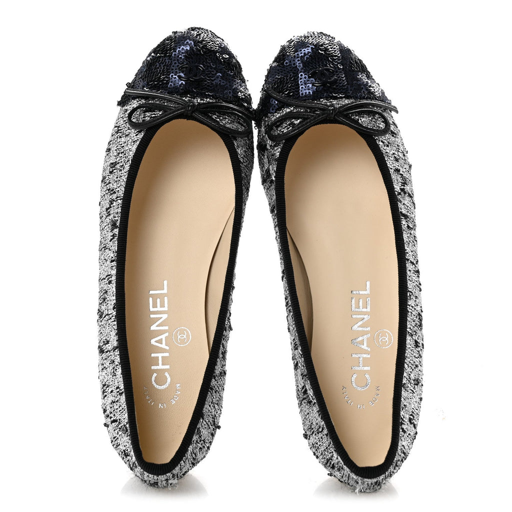Tweed Sequin Cap Toe Ballerina Flats 35 Silver Black Blue