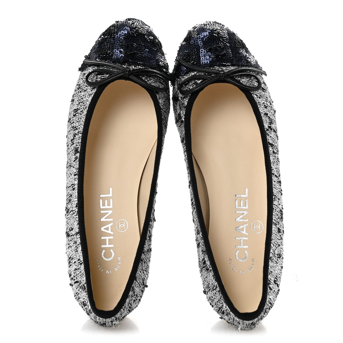 Tweed Sequin Cap Toe Ballerina Flats 35 Silver Black Blue