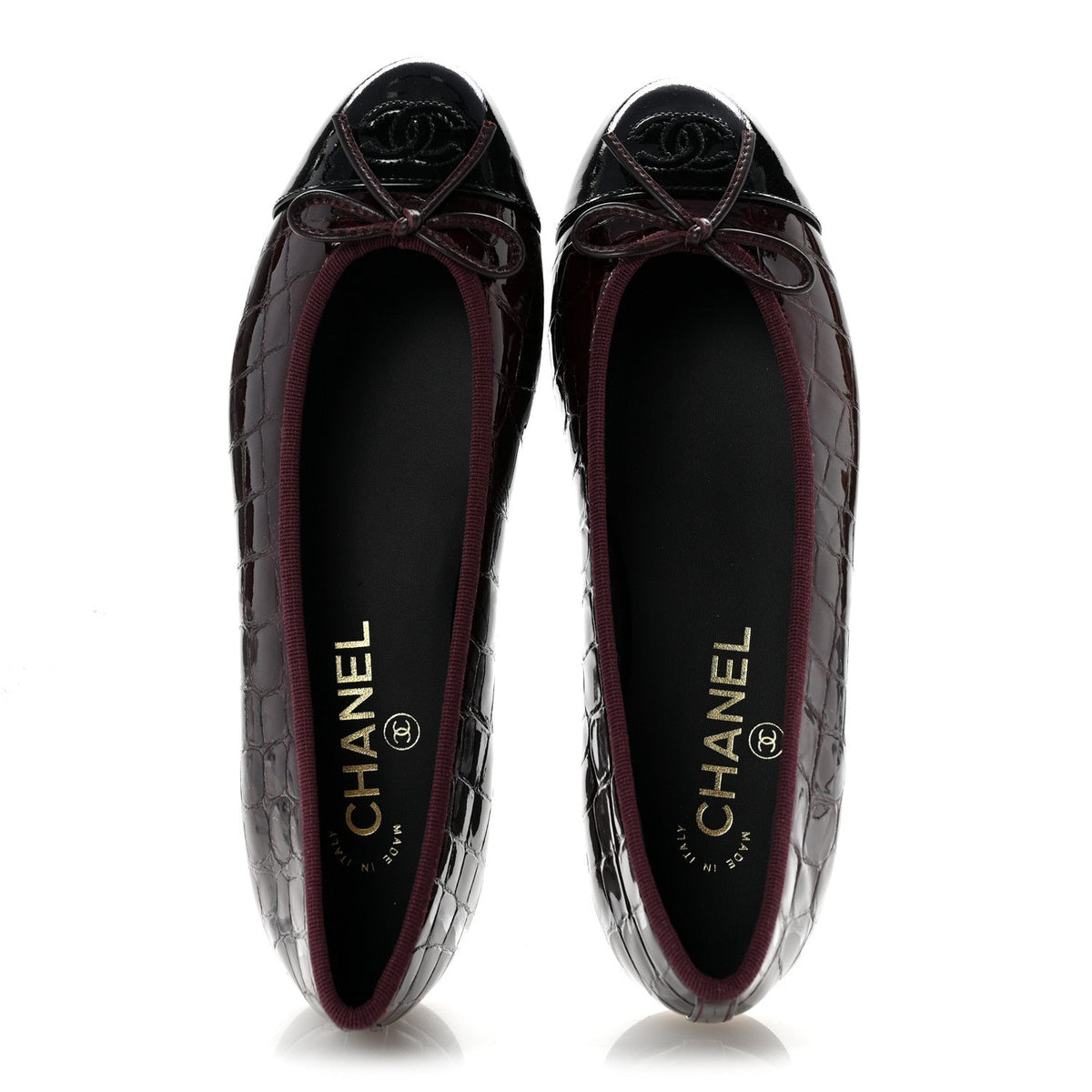 Crocodile Embossed Patent Calfskin Cap Toe CC Ballerina Flats 37.5 Dark Burgundy Black