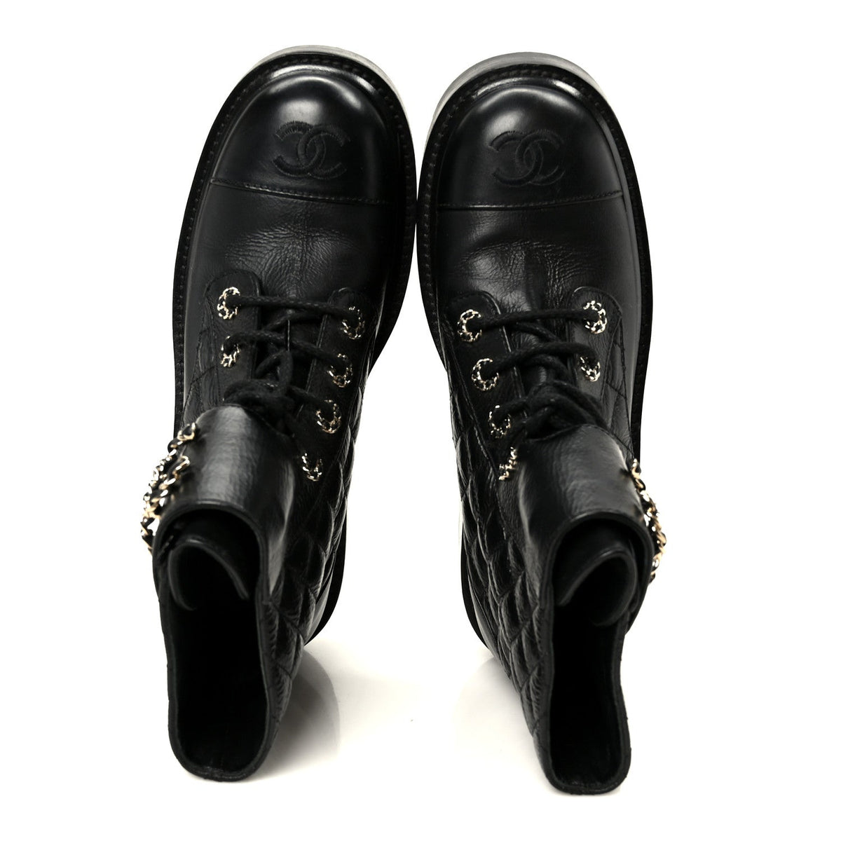 Shiny Goatskin Calfskin Quilted Lace Up Combat Boots 37.5 Black